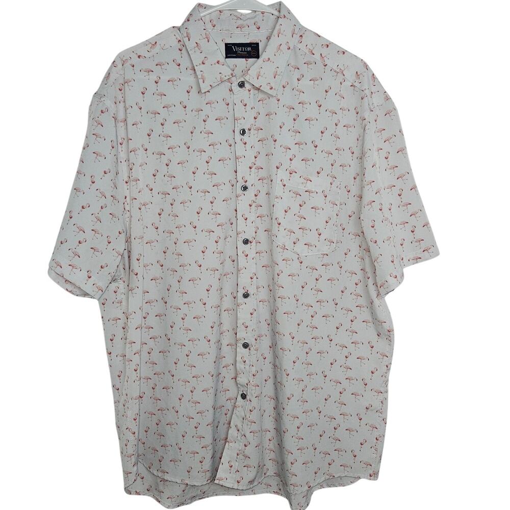Visitor Premium Button Down Mens Shirt White & Pink Flamingos Spring